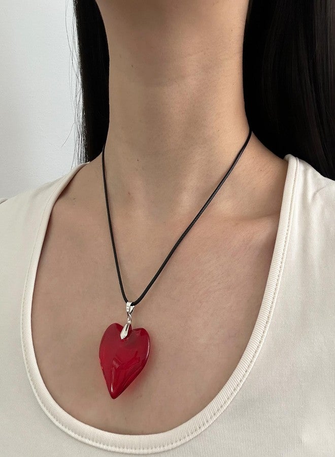 DOLLESS Big Heart Necklace for Women Chunky Glass Puffy Big Heart Pendant Choker Necklace (Red) - Image 3